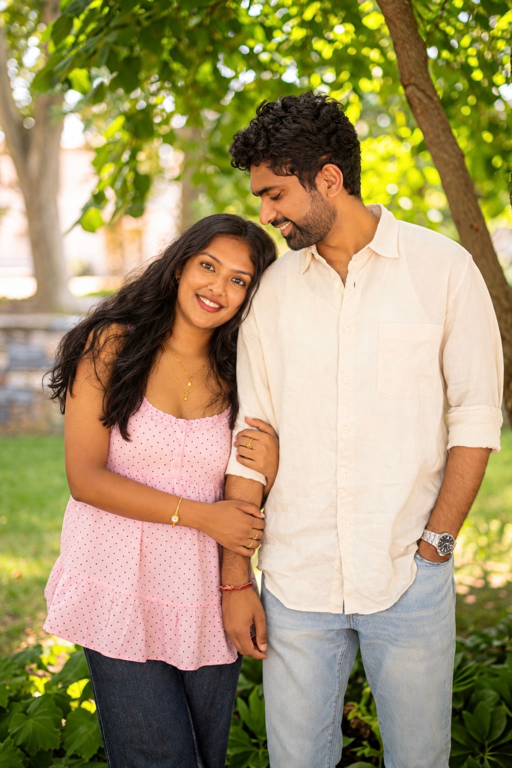 Aarti and Anish standing together beneath a sunlit tree